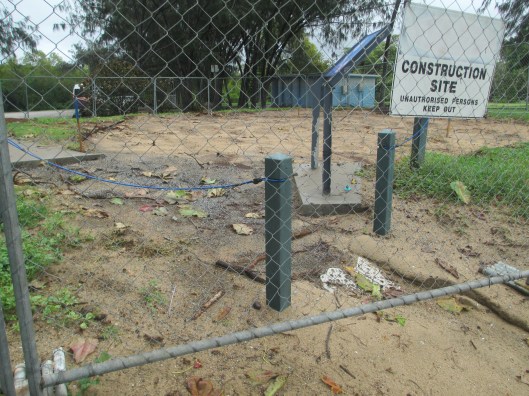 Image 14. Bottom right - the exposed hexagonal white tiles are the first of a path-retaining system that runs down to the beach. Taken 18 Feb 2014.